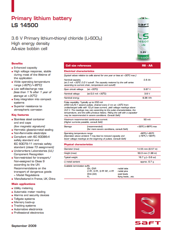 LS14500 AA SAFT 3.6v Lithium